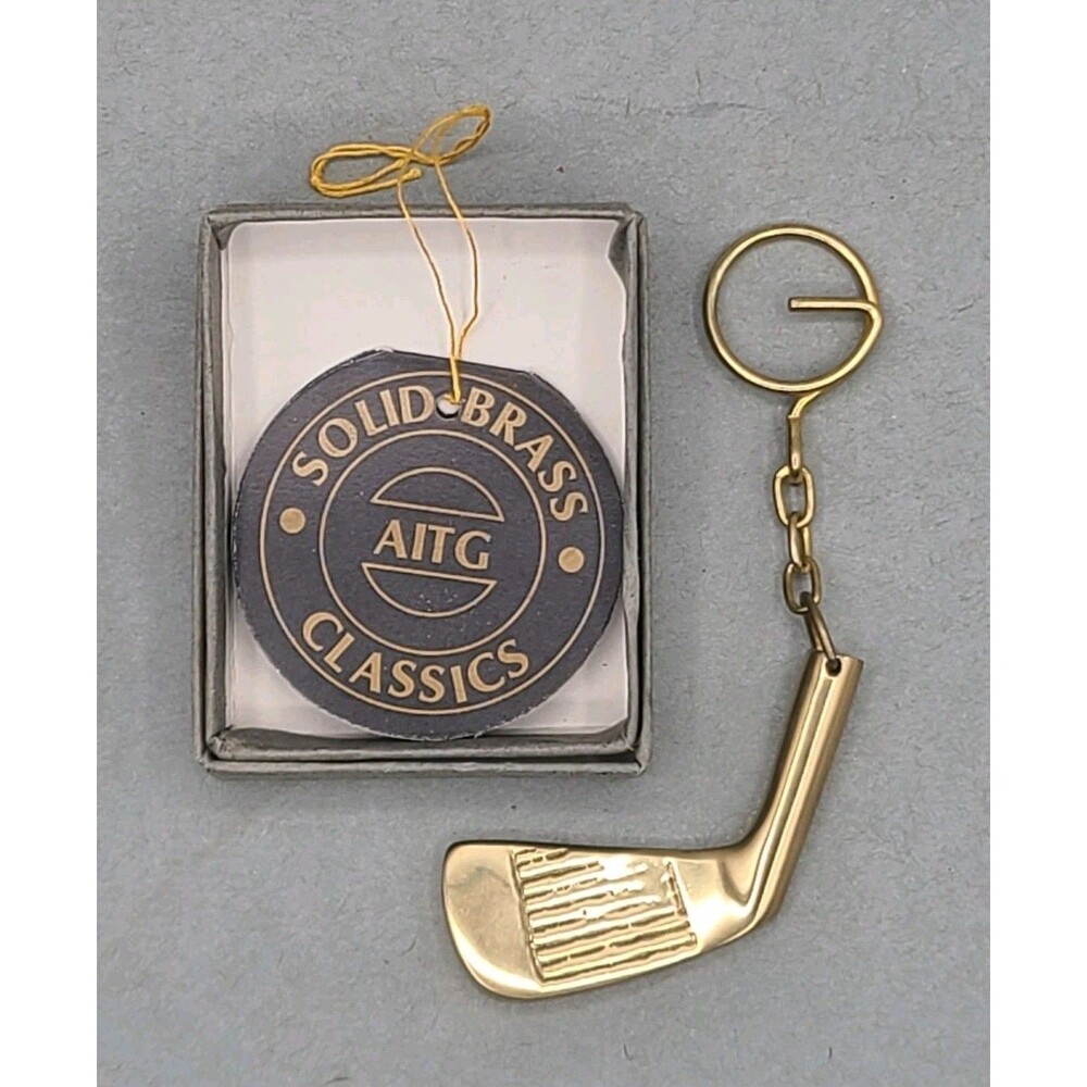 Vintage Solid Brass Golf Club Keychain 4" Long AITG In Box
